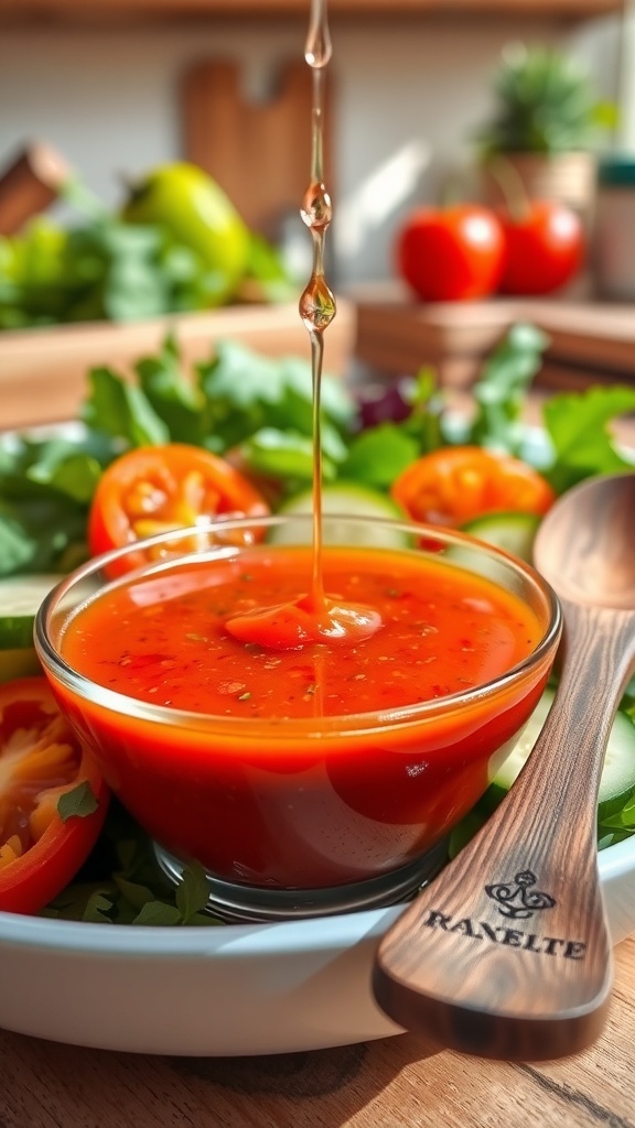 Simple Tomato Vinaigrette Recipe A bowl of tomato vinaigrette drizzled over a fresh salad with greens and vegetables, set in a bright kitchen.